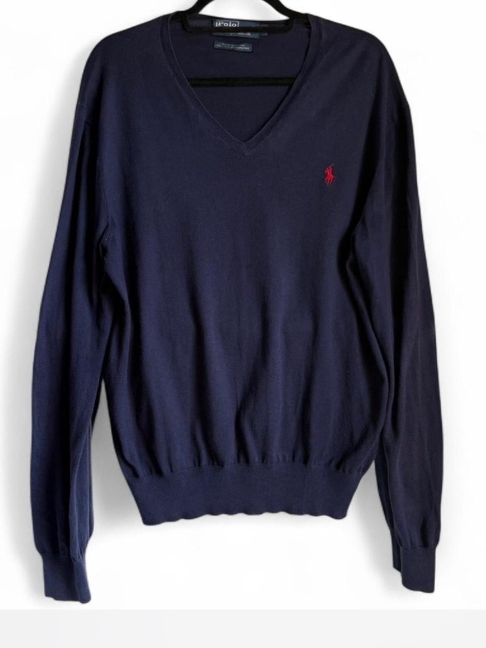 Ralph Lauren Navy V-Neck Sweater with Red Polo Pony